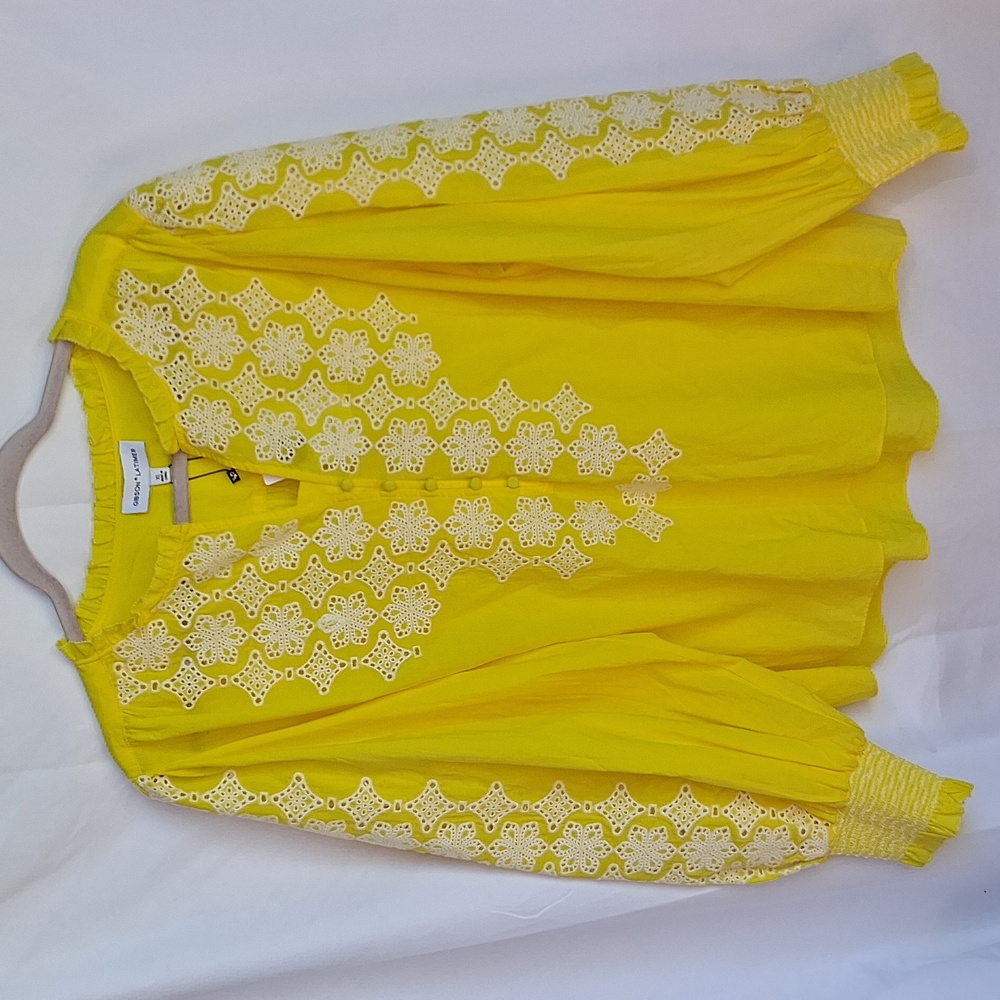 GIBSON & LATIMER Embroidered Floral Ruffled Button Front Neck Blouse Yellow XL - Picture 2 of 13